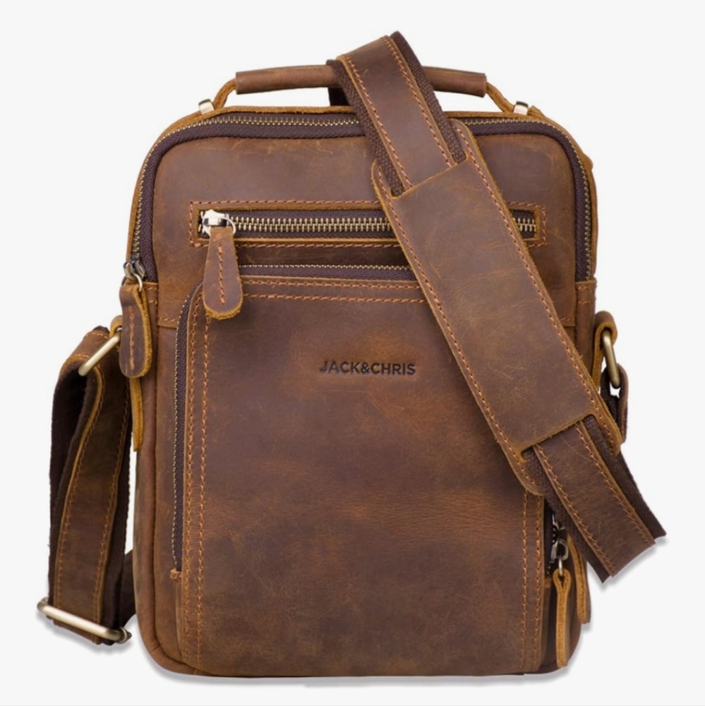 Brown Leather Messenger Bag with Adjustable Strap and Top Handle